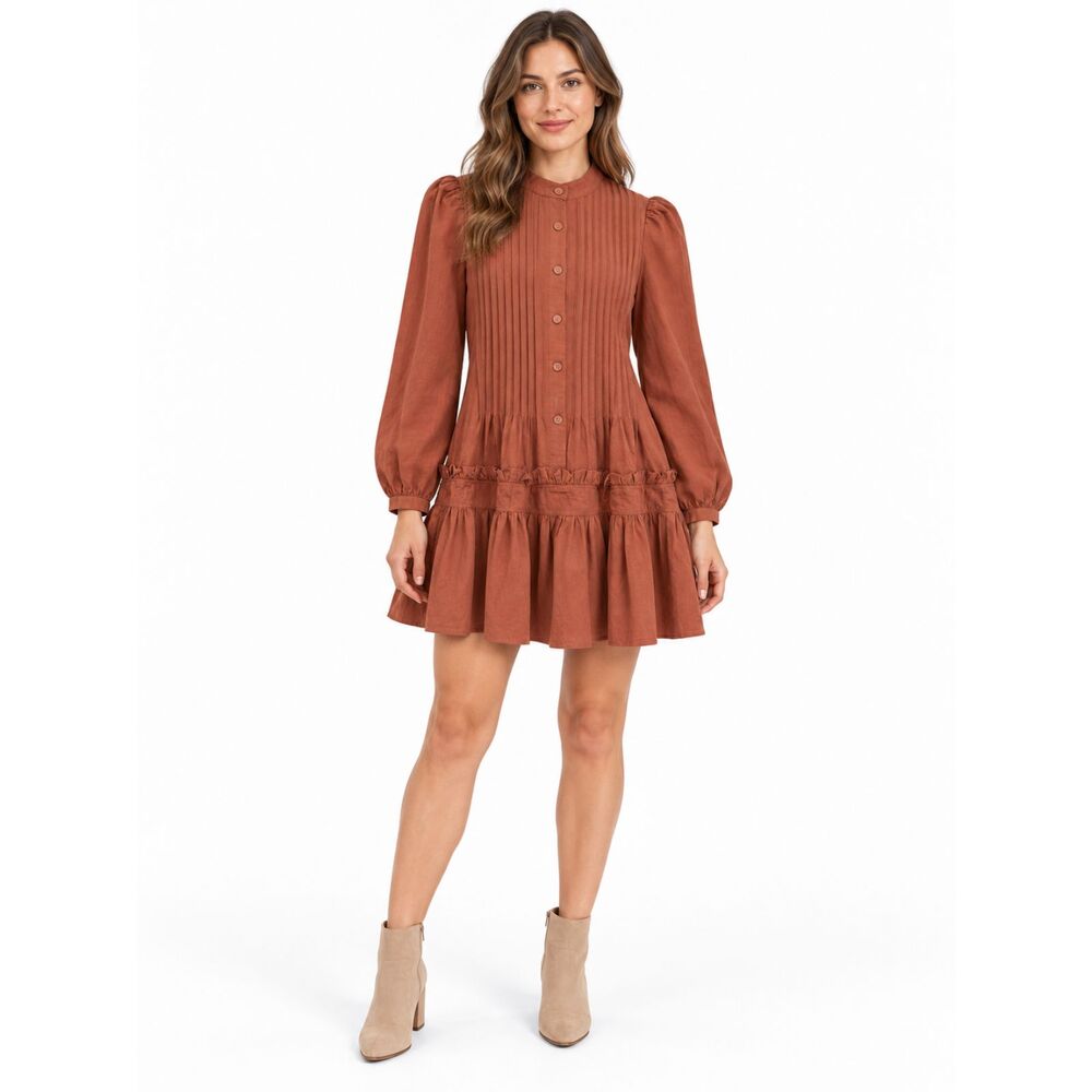 TCEC Brown Pintuck Button Front Tiered Mini Dress Women’s Small